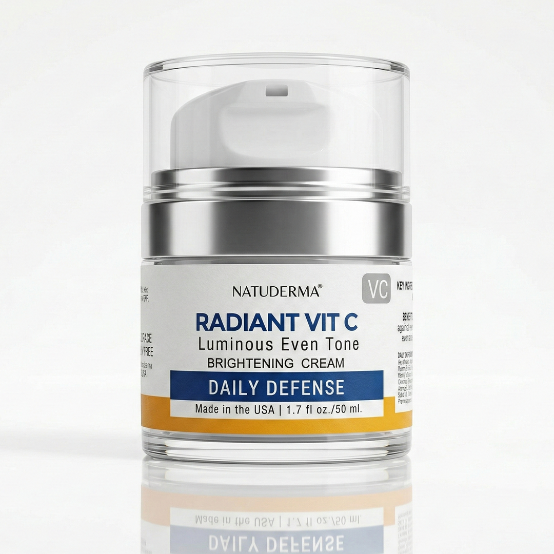 Vitamin C Cream, Skincare Moisturizer jar labeled 'Radiant Vit C' on a white background