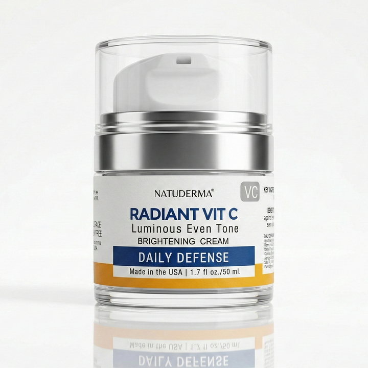 Vitamin C Cream, Skincare Moisturizer jar labeled 'Radiant Vit C' on a white background