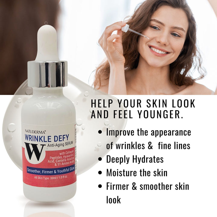 Natuderma Peptide Complex Serum "Wrinkle Defy" ,  serum bottle with a woman applying it, text about product benefits.