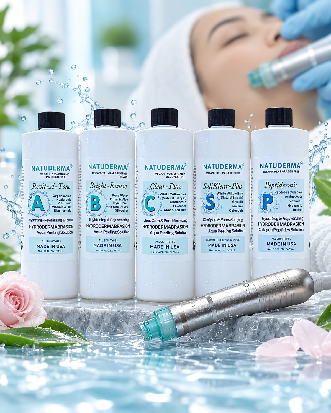 Natuderma hydrodermabrasion solutions with treatment handpiece and multiple formula options for professional facial treatments