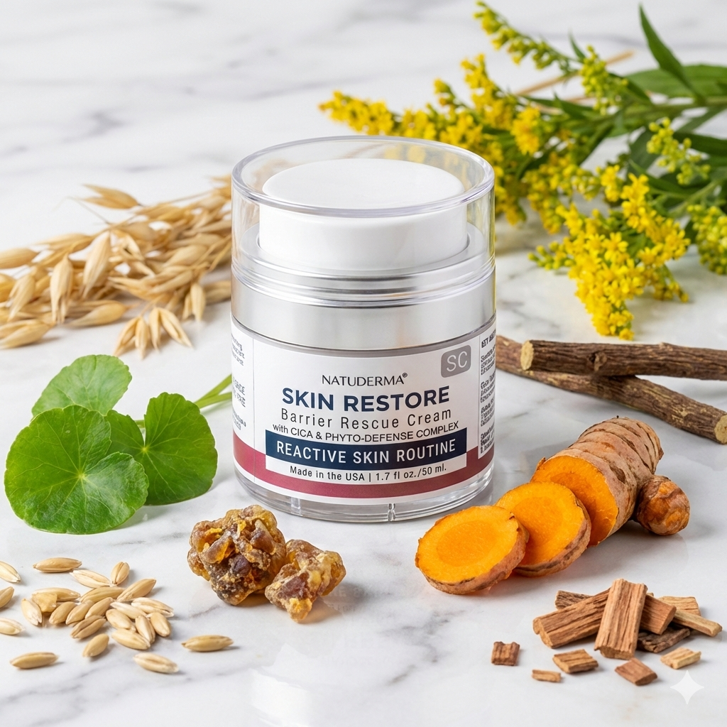 Naturderma Skin Restore cream jar with natural ingredients on a marble surface