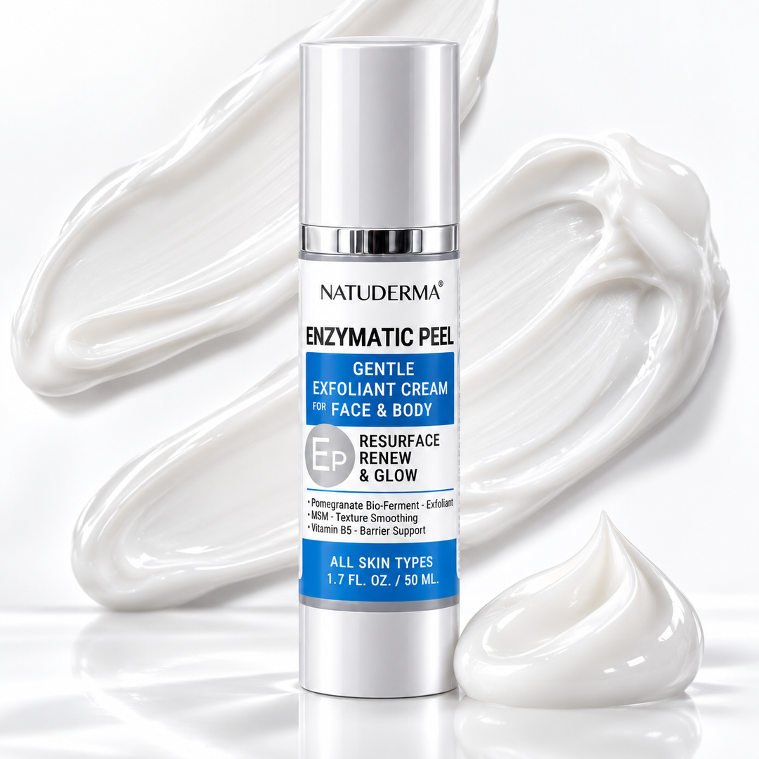 A Natuderma Enzymatic Peel exfoliating cream bottle, shown with decorative swirls of white cream on a clean white background.
