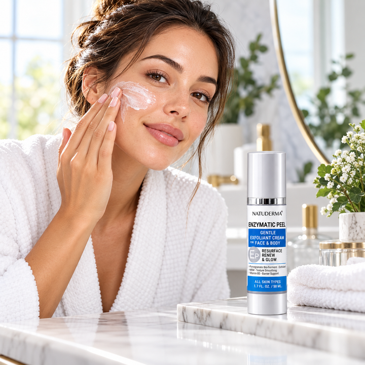 A woman in a white robe applies cream to her cheek beside a bottle of Natuderma Enzymatic Gel face and body cream on a marble countertop in a bright bathroom setting.