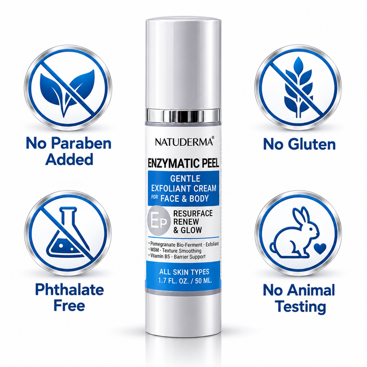 A bottle of NATUDERMA Enzymatic Peel Exfoliant Cream stands centered on a white background, surrounded by four blue-and-white certification-style icons reading No Paraben Added, No Gluten, Phthalate Free, and No Animal Testing.