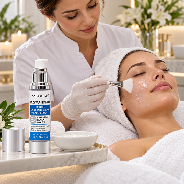 A woman receives a facial treatment while wearing a Natuderma Enzymatic Peel bottle and brush on a tray beside her. Another woman in a white uniform applies a glowing cream to her face in a bright spa setting.
