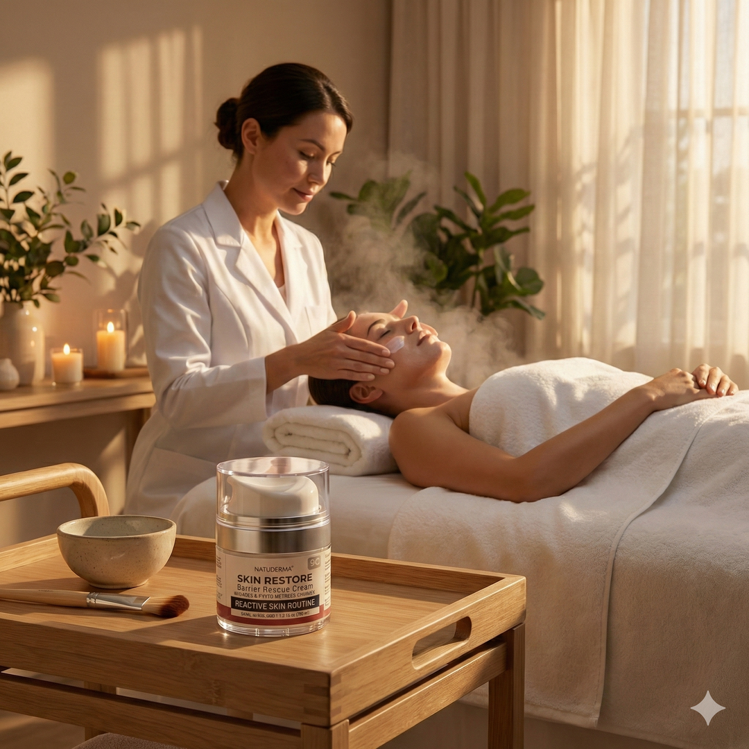 Woman receiving a facial treatment in a spa setting with a product on a tray.