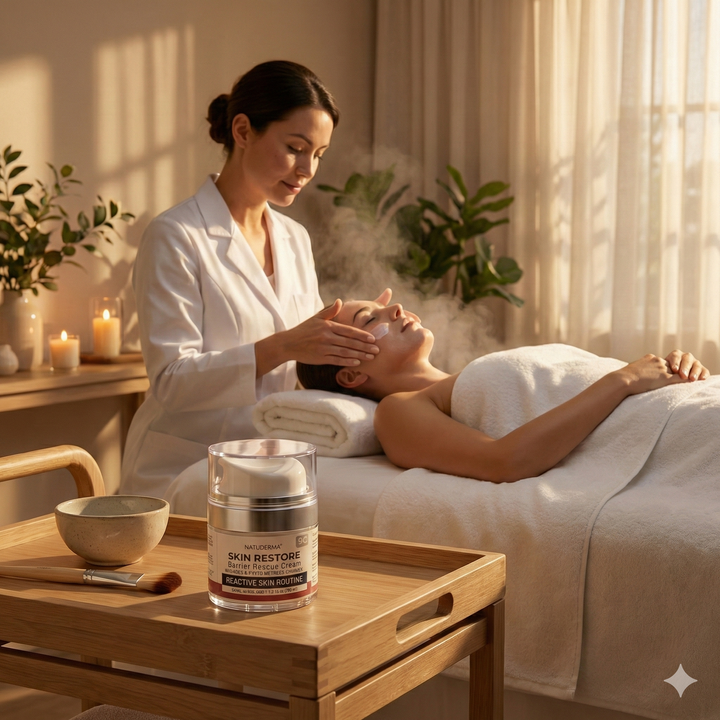 Woman receiving a facial treatment in a spa setting with a product on a tray.