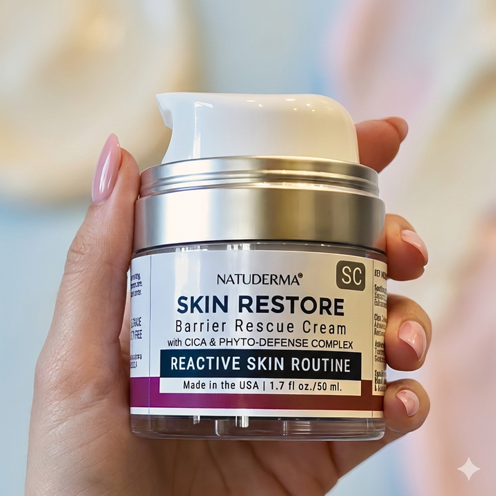 Hand holding a jar of Natuderma Skin Restore Barrier Rescue Cream against a blurred background