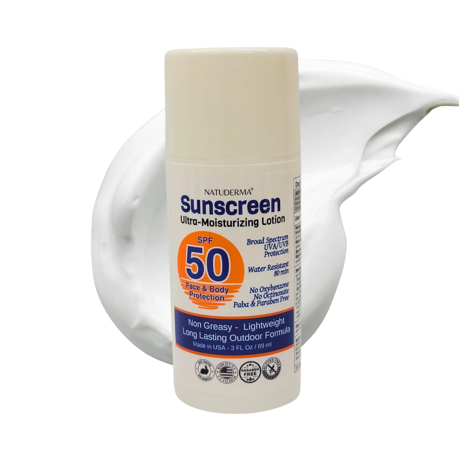 Natuderma sunscreen lotion moisturizer SPF50 3oz, non comedogenic, paraben free.