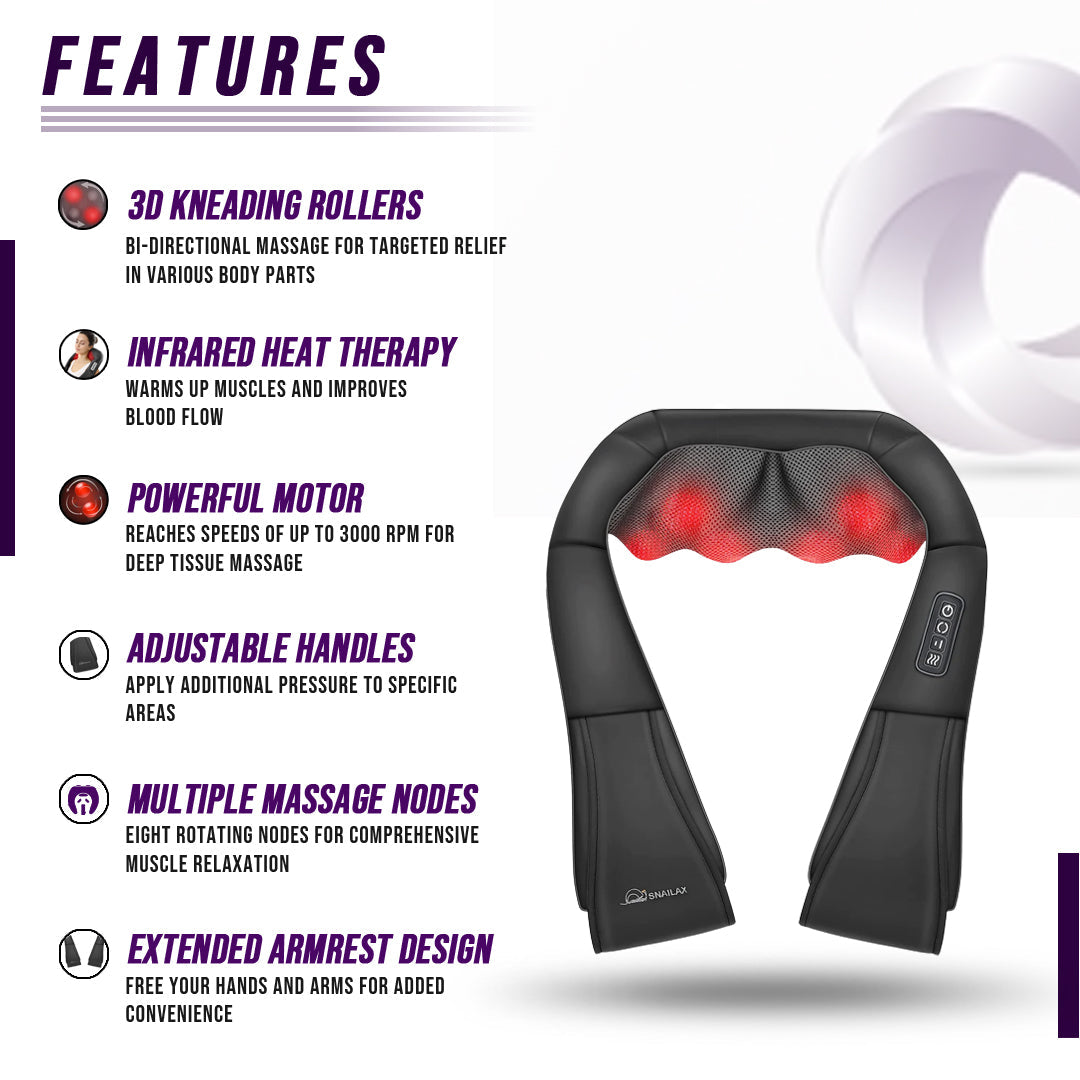 Neck massager with heat and roller, features