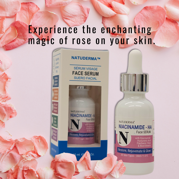 Natuderma face serum with packaging and rose petals on a pink background