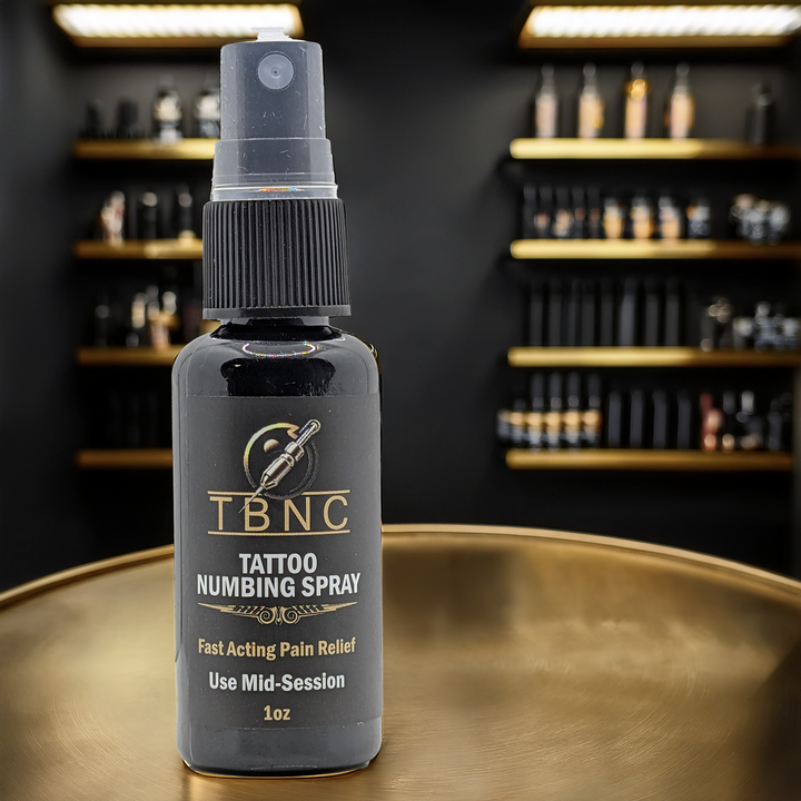 Tattoo numbing spray bottle on spa background. 