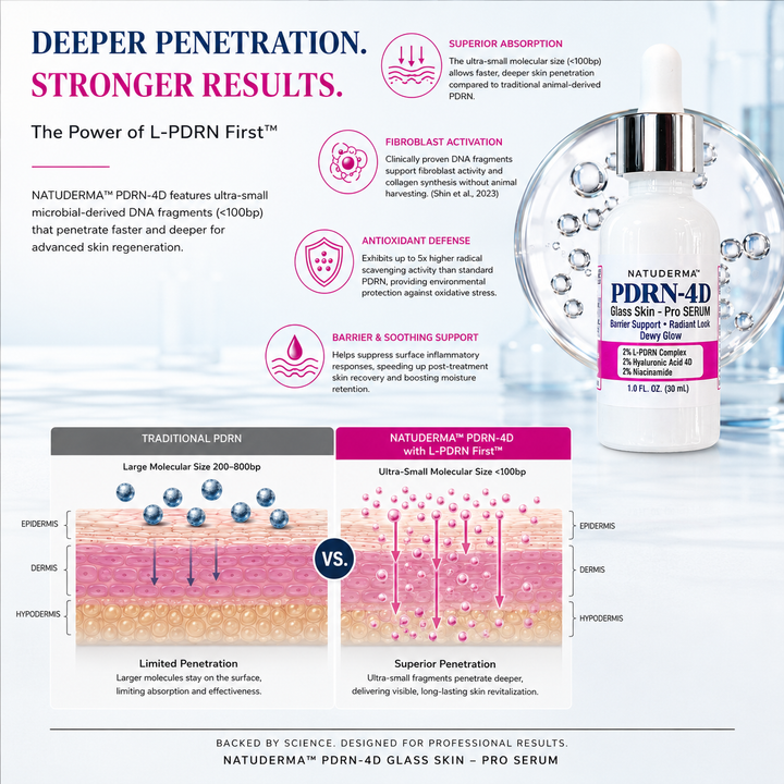 An informational marketing graphic for Natuderma PDRN-40 glass skin pro serum, comparing traditional PDRN with Natuderma&