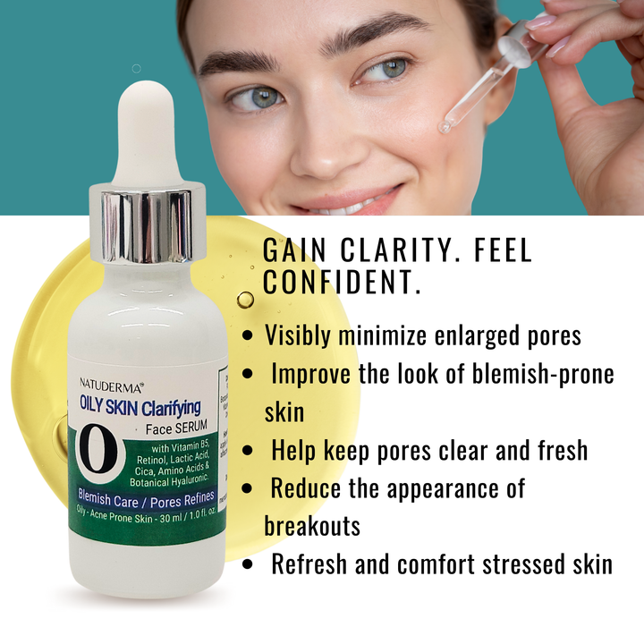 Natuderma Oily skin face serum, dropper bottle with skin benefits and women applying the serum.