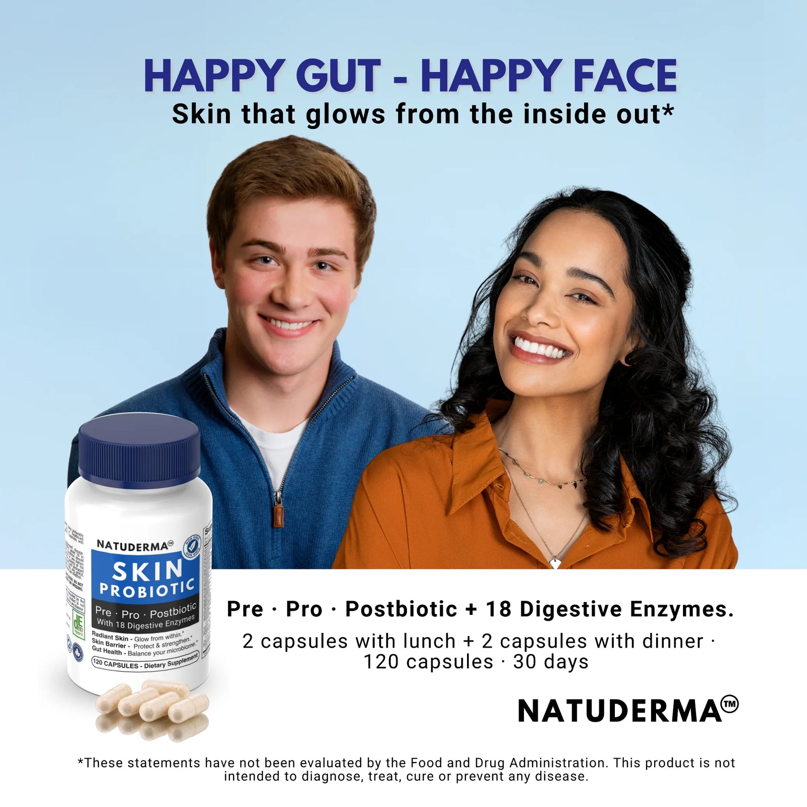 Advertisement for Natuderma Skin Probiotic with two people smiling against a light blue background.