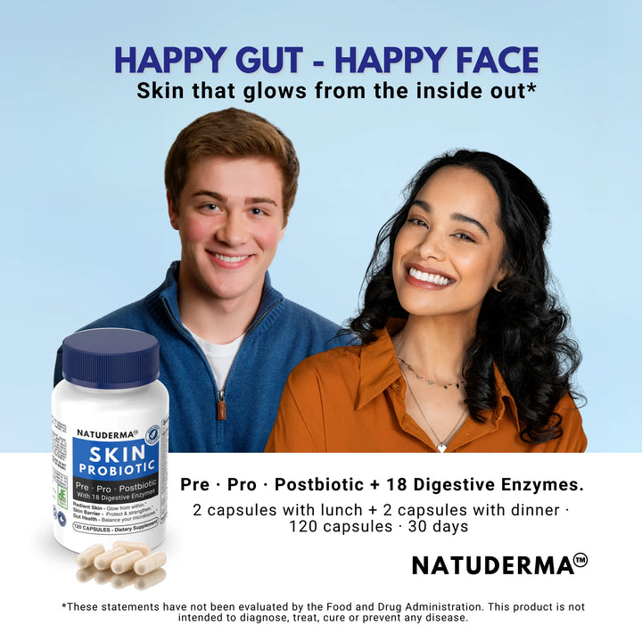 Advertisement for Natuderma Skin Probiotic with two people smiling against a light blue background.