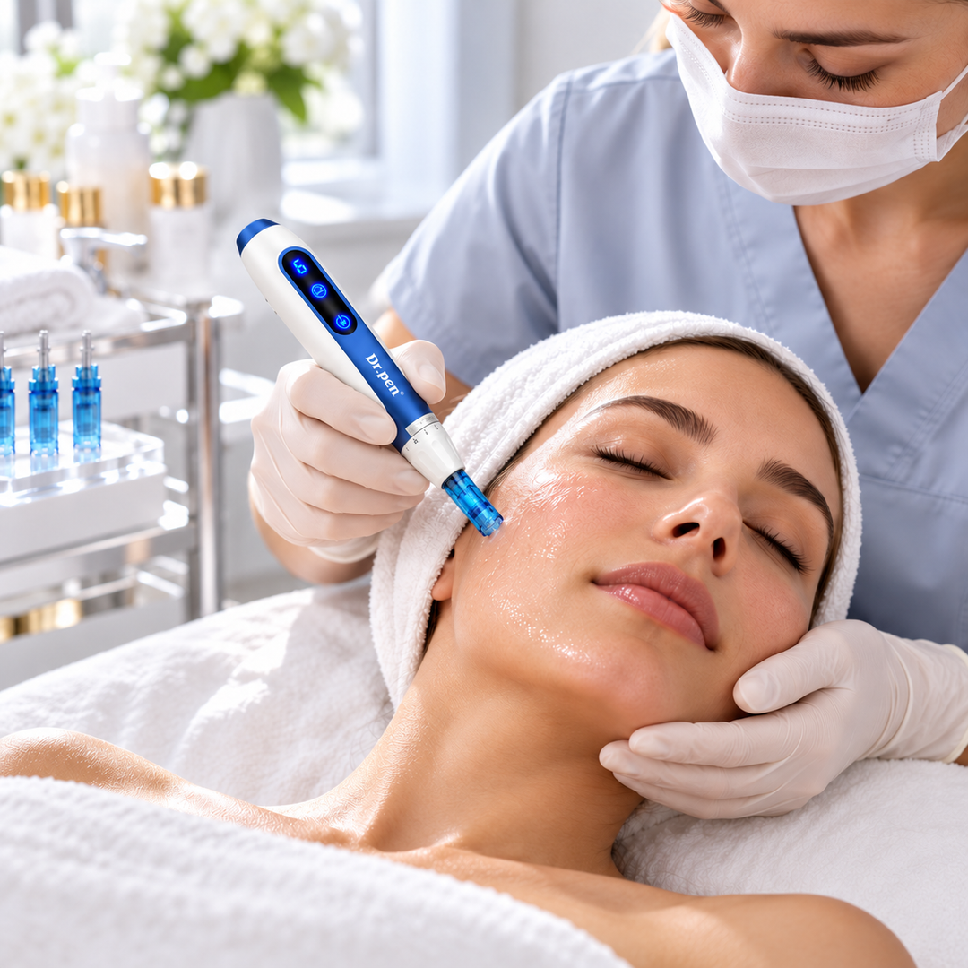 A close-up lifestyle shot of a beauty therapist using a blue and white Dr Pen micro-needling device on a client&