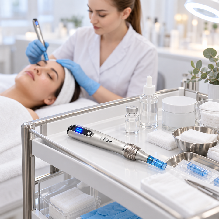 A silver Dr.pen microneedlingpen rests on a white and stainless steel trolley in a modern spa  In the background, a facialist in a white lab coat and blue gloves is dooing the facial