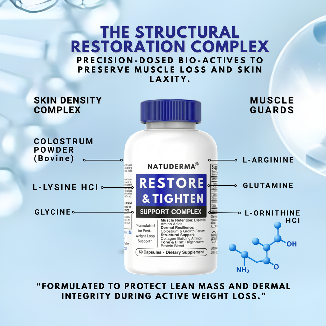 Natuderma Restore & Tighten support complex bottle with structural restoration complex text and labels on a blue background.