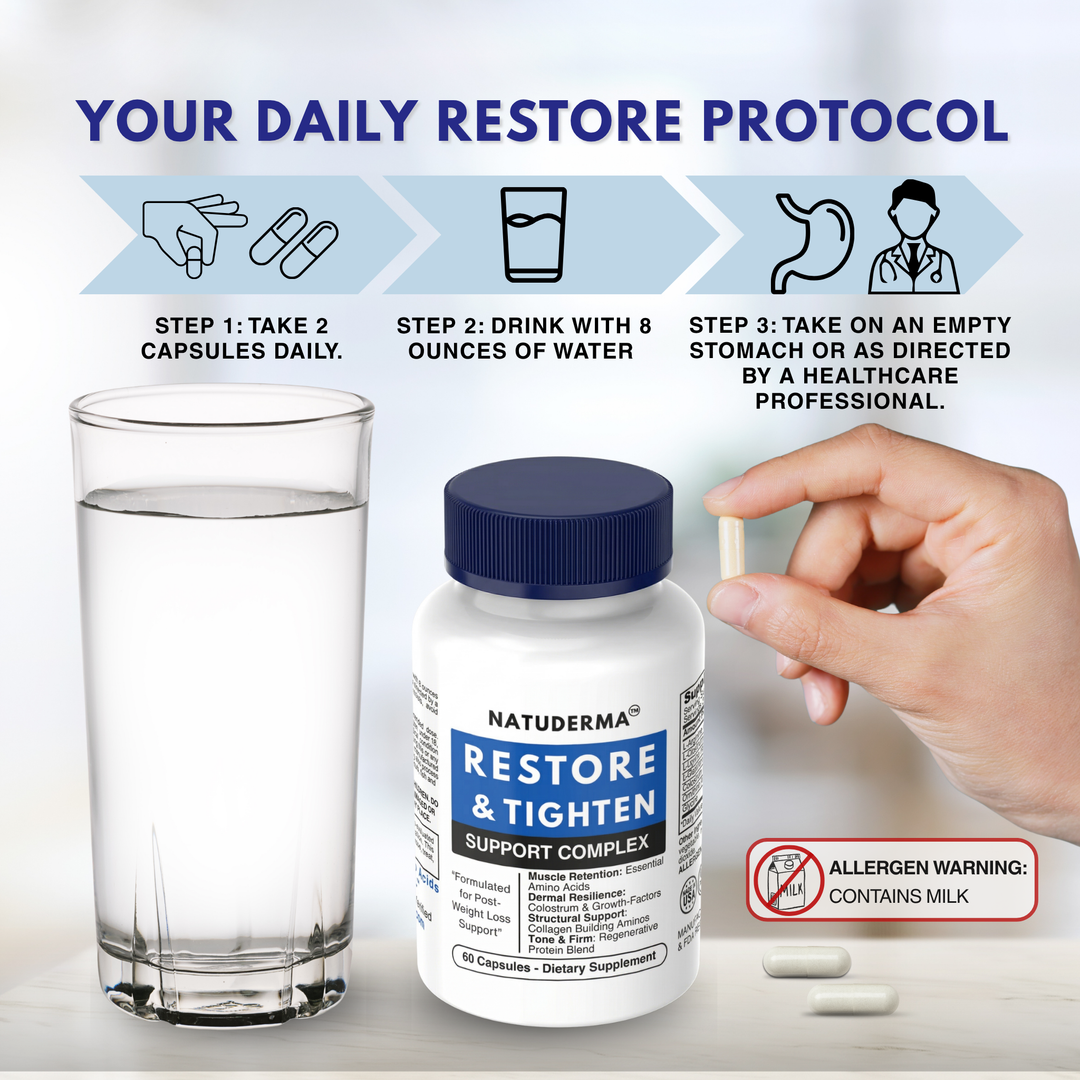 Natuderma Restore & Tighten Support Complex with instructions on a light background