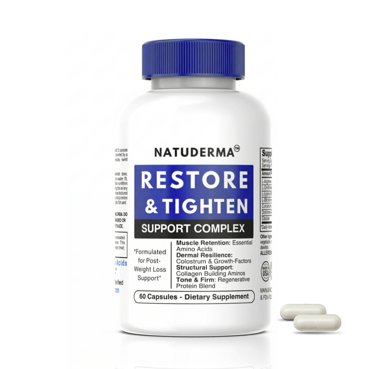 Natuderma Restore & Tighten Support Complex dietary supplement bottle with capsules on a white background