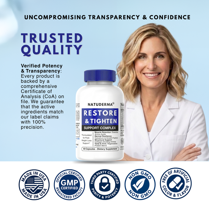 Natuderma Restore & Tighten Support Complex supplement bottle with a woman in a lab coat and certification logos on a light blue background.