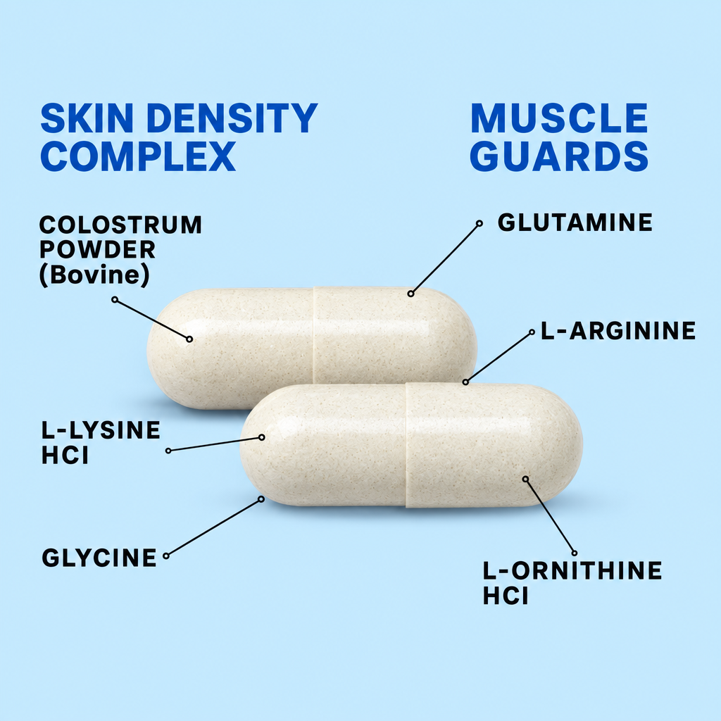 Two capsules of Natuderma Amino Acids Supplement with labeled ingredients on a blue background