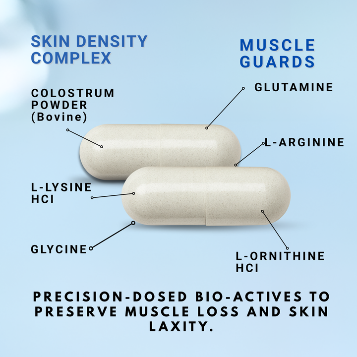 Two capsules of Natuderma Amino Acids Supplement with labeled ingredients on a blue background