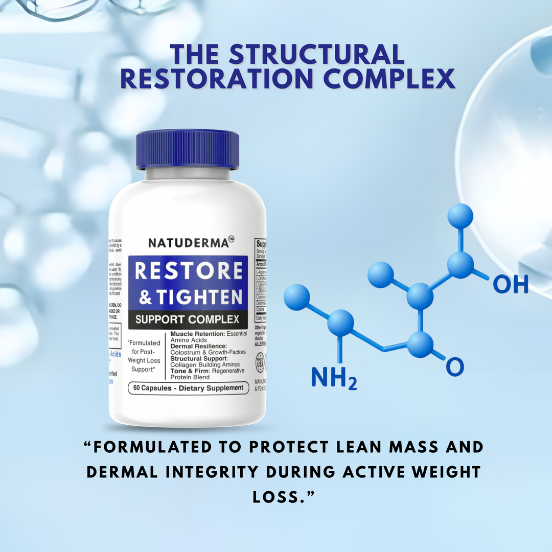 Natuderma Restore &amp; Tighten supplement bottle with molecular structure diagram on a light blue background