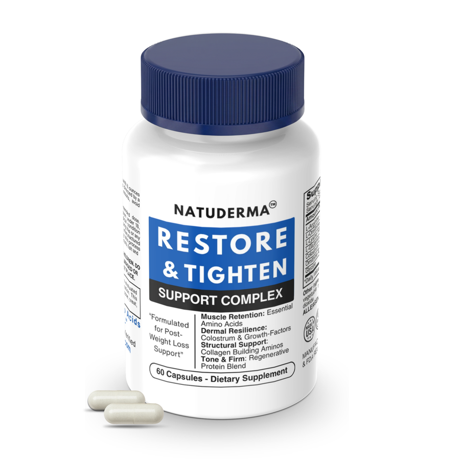Natuderma Restore & Tighten Support Complex dietary supplement bottle on a white background