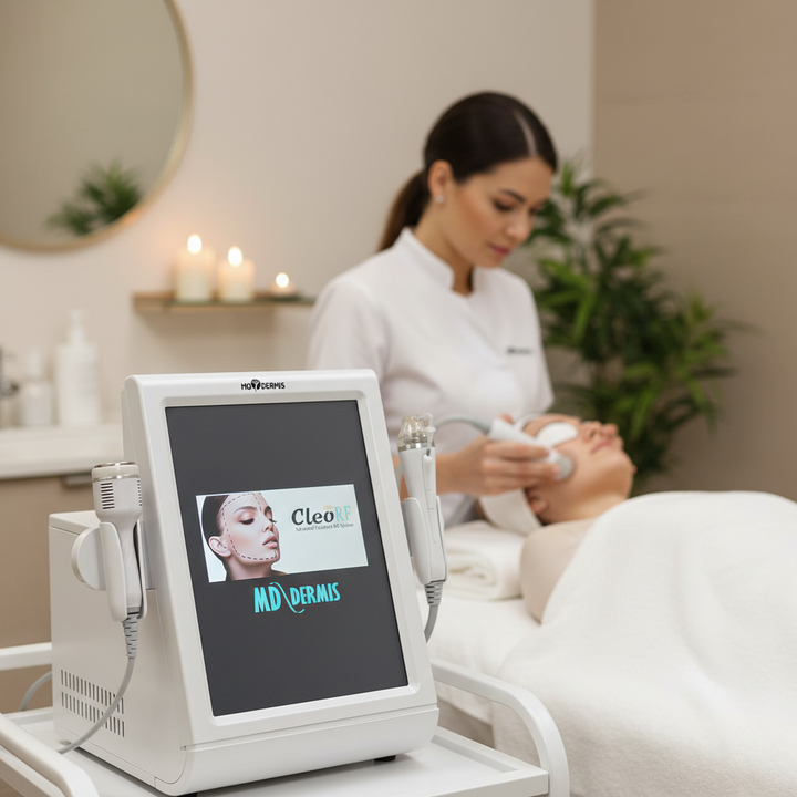 Cleo RF esthetician doing cryo therapy afetr microneedling to a client on spa setting