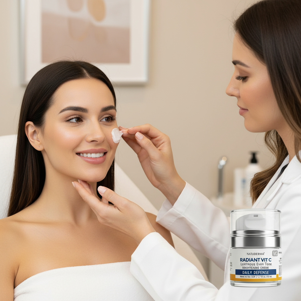Woman receiving skincare treatment from a professional in a clinical setting with a jar of Natuderma Vitamin C Cream