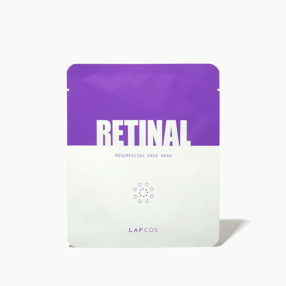 Retinal resurfacing face mask packaging with purple top and white bottom on a white background