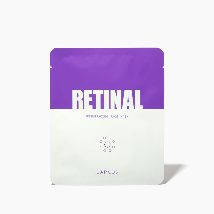 Retinal resurfacing face mask packaging with purple top and white bottom on a white background