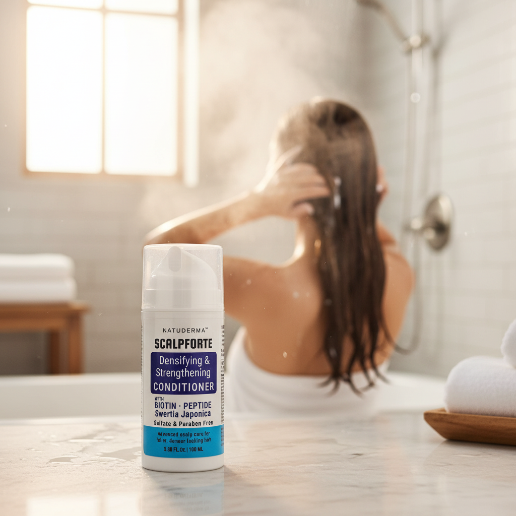 Women in a bathroom applying Natuderma Scalpforte on her hair.
