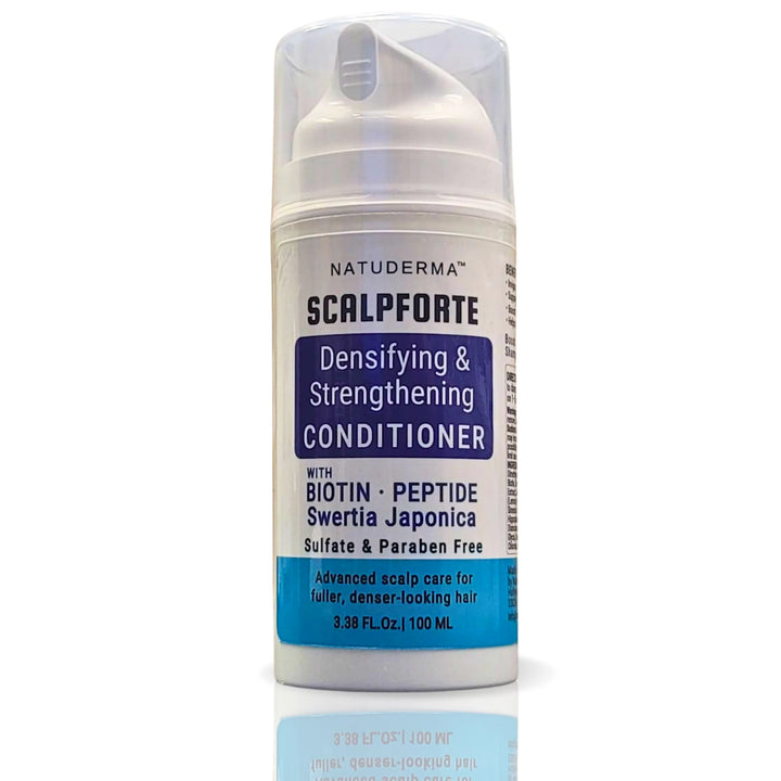 Natuderma Scalpforte hair conditioner bottle, densyfying and strengthening with biotin, on a white background