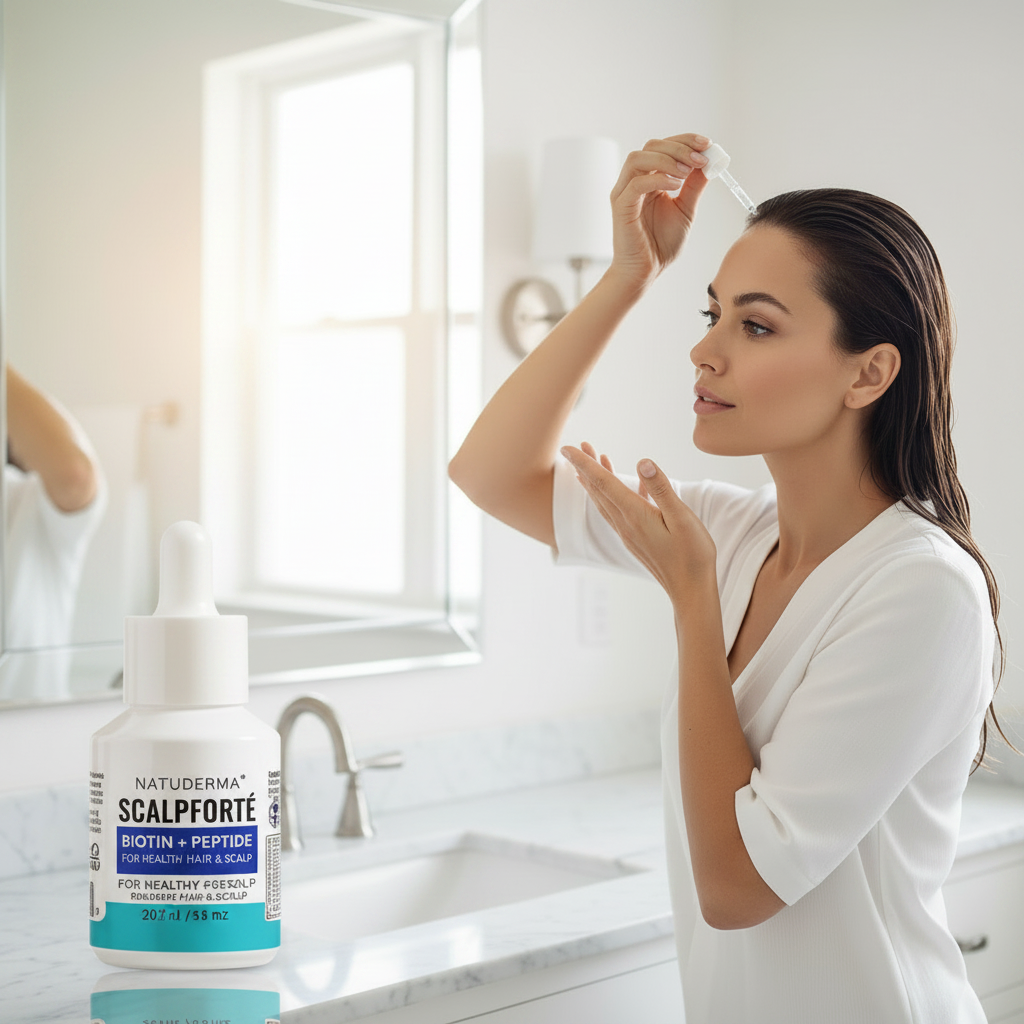 Woman applying Natuderma Scalpforte Serum on hair scalp