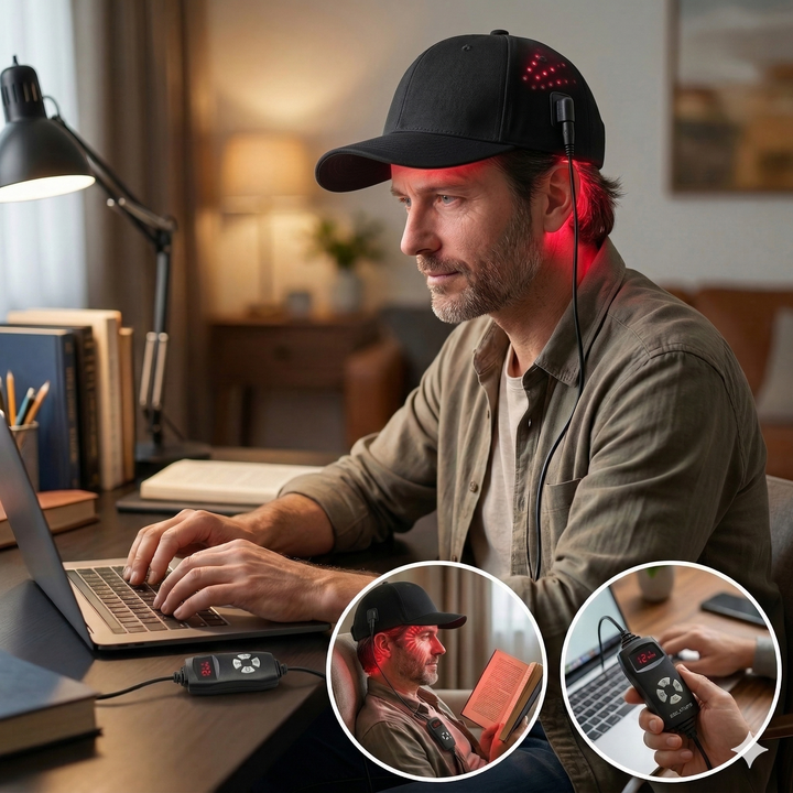 Man wearing a Natuderma Scalpforte black cap with LED lights, using a laptop in a home office setting.