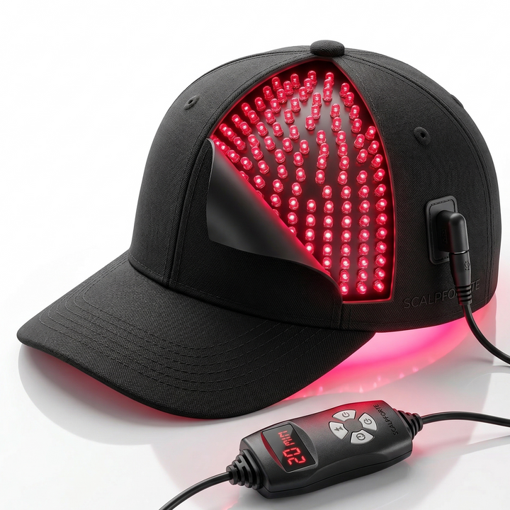 Natuderma Scalpforte Black LED cap with red light display and control device on a white background