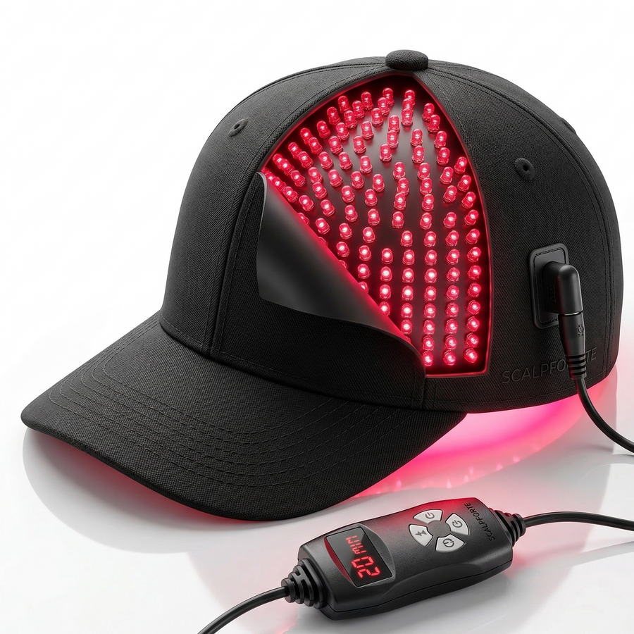 Natuderma Scalpforte Black LED cap with red light display and control device on a white background