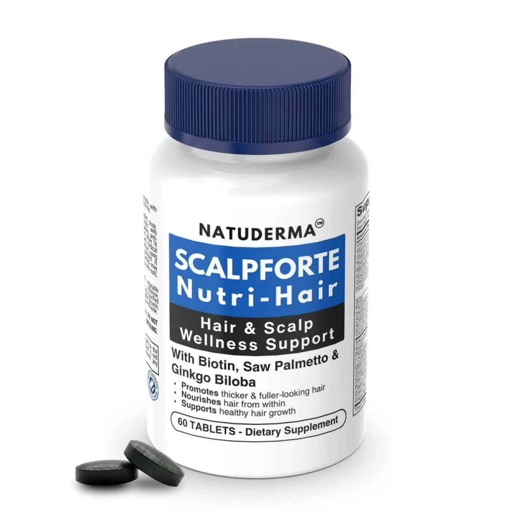Natuderma Scalpforte Nutri-Hair with Biotin for hair, supplement bottle on a white background