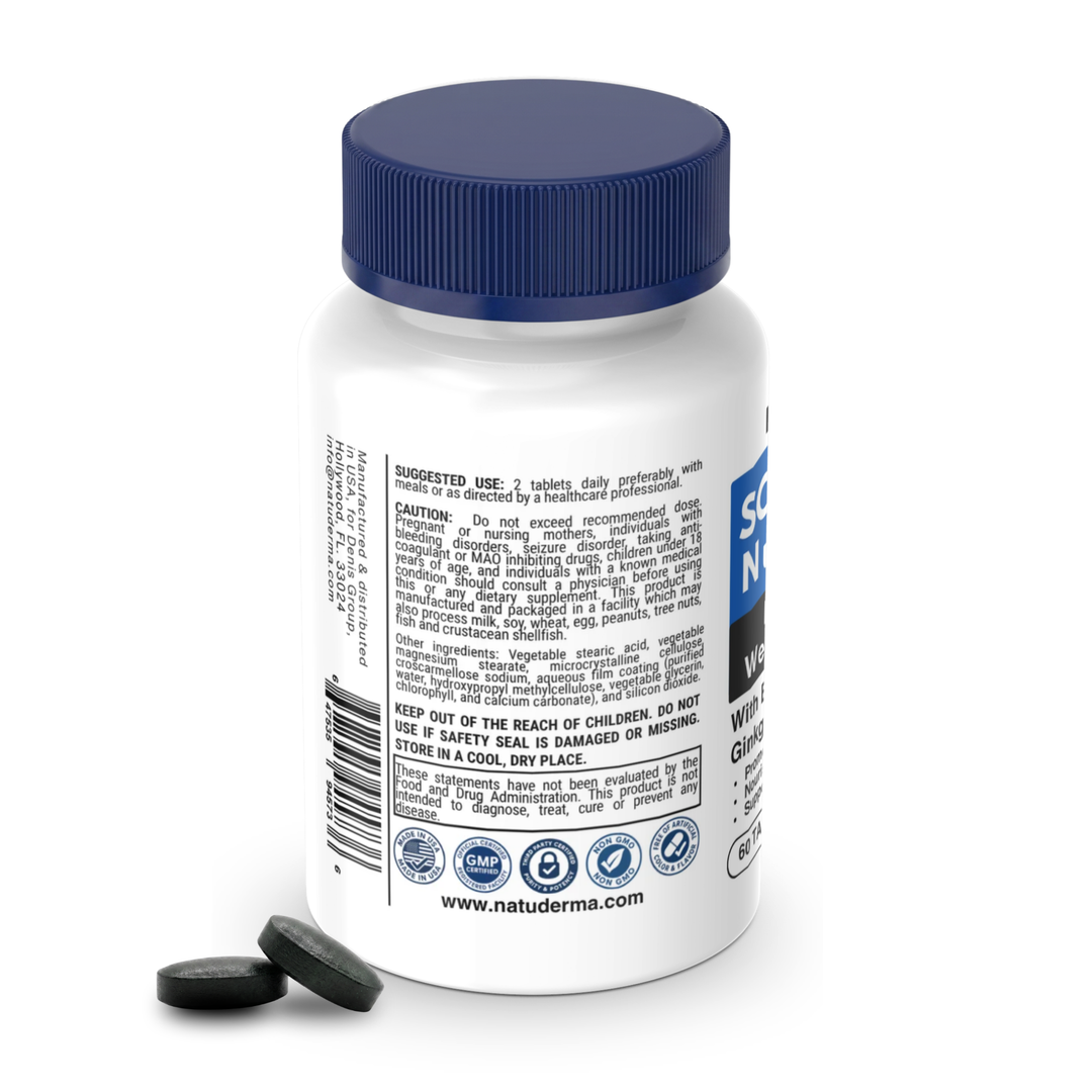 Natuderma Scalpforte Supplement for hair and scalp wellness, white bottle with blue cap and label on a white background