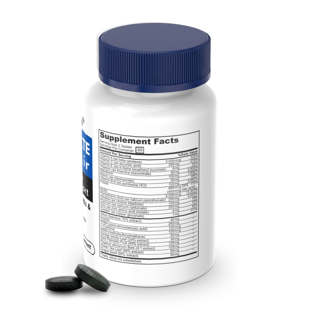 Natuderma Scalpforte Hair and Scalp Supplement bottle with blue cap and visible label of supplement facts including  Vitamins, Biotin, Ginkgo Bilova and more