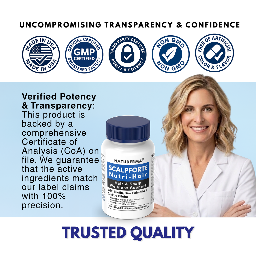 Natuderma Scalpforte Product packaging with a woman in a white coat, emphasizing transparency and quality.