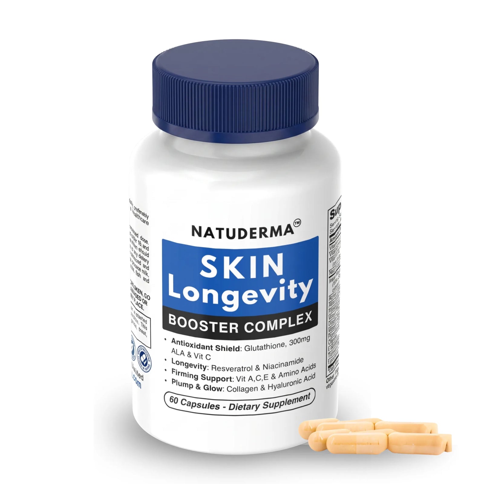 Natuderma Skin Longevity Booster Complex supplement bottle with capsules on a white background
