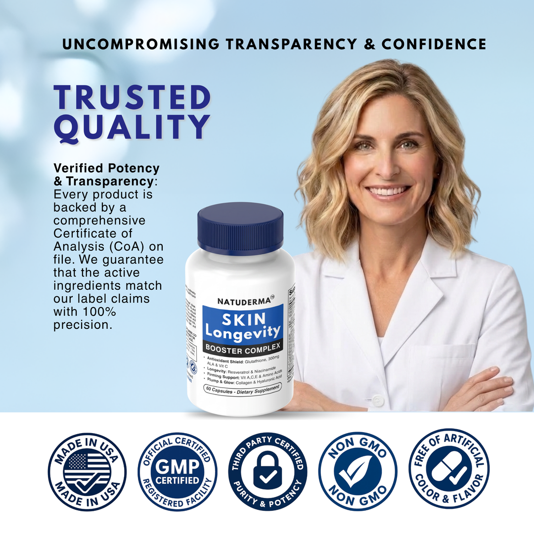 Woman in a white coat standing next to a bottle of Natuderma Skin Longevity Booster Complex with product information and certification logos on a light blue background.