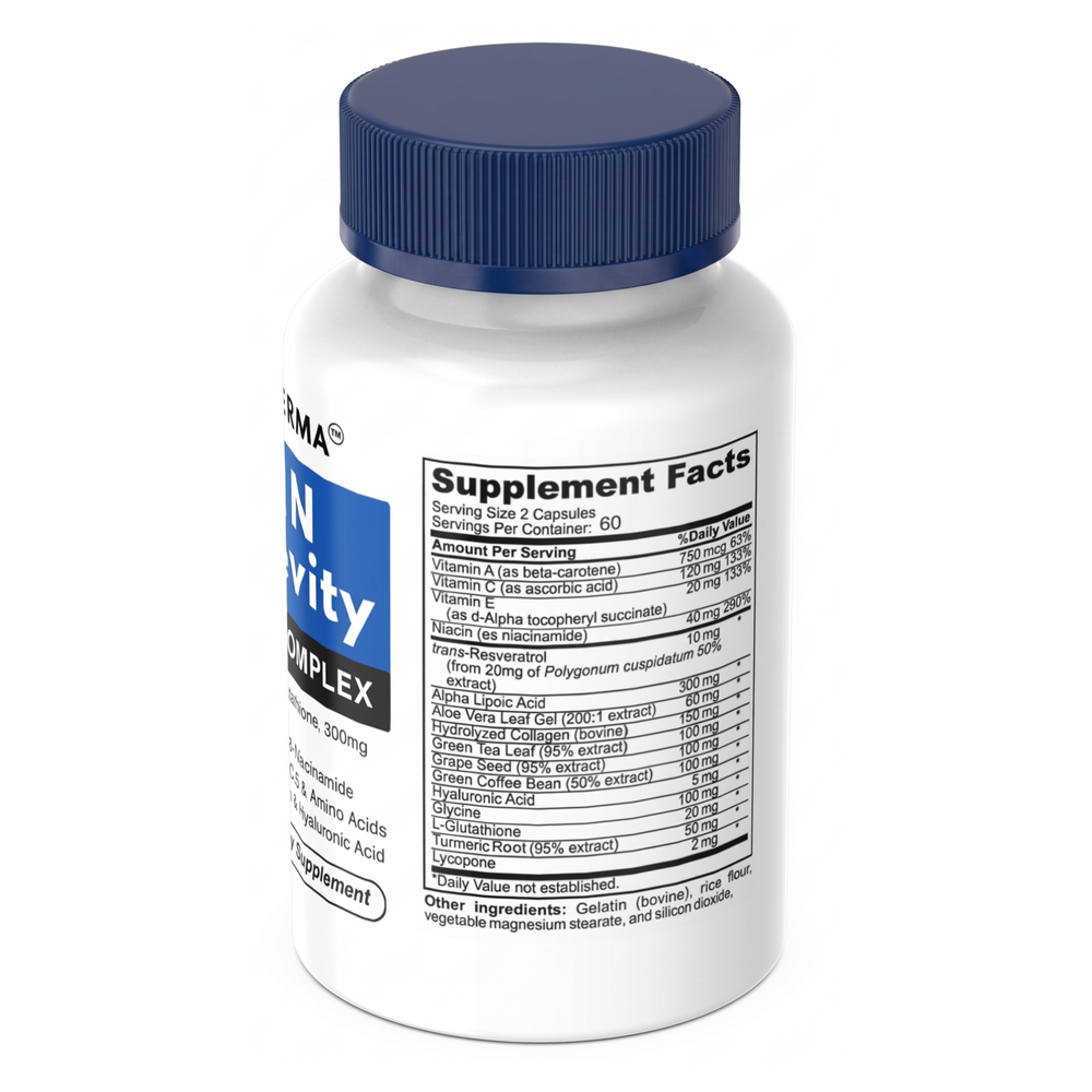 Longevity Supplement bottle Supplement Facts with Vitamins, Collagen, Alpha Lipoic, Resveratrol  Anti-oxidant Skin, white bottle with blue cap 