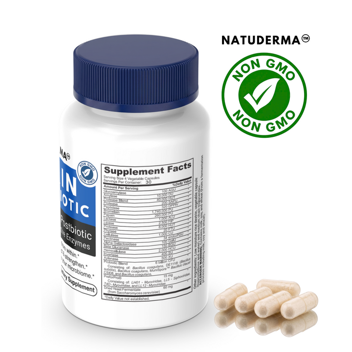 Supplement bottle with blue cap and pills on a white background, featuring Natuderma Non GMO logo.