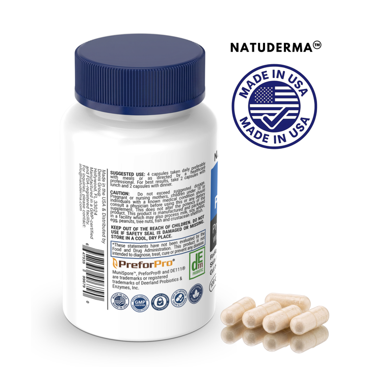 Natuderma PROBIOTIC and enzyme supplement bottle with capsules on a white background
