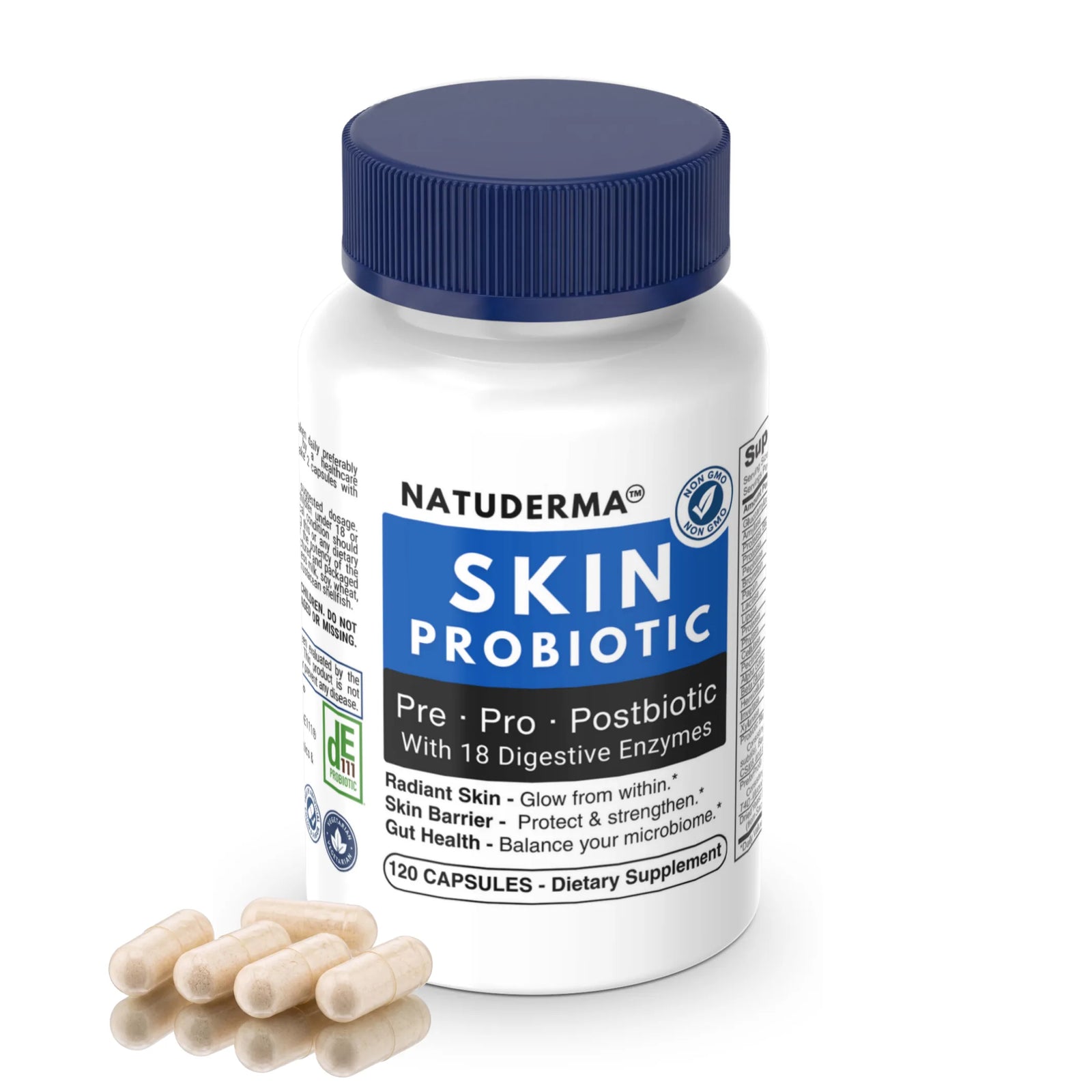 Natuderma Skin Probiotic supplement bottle with capsules on a white background